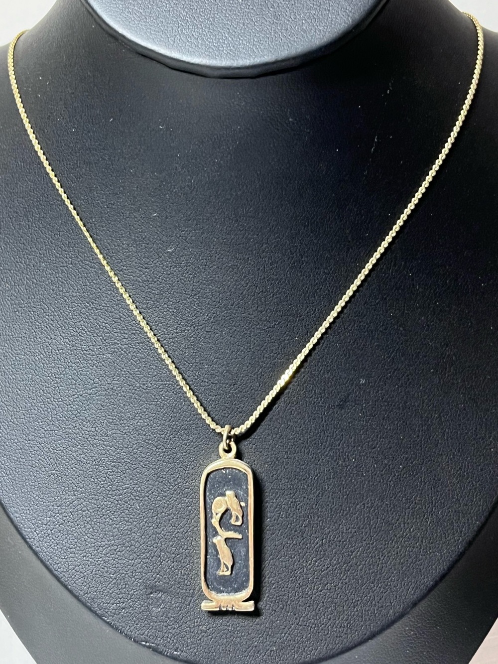 Gold-toned Egyptian cartouche pendant necklace featuring raised hieroglyphic